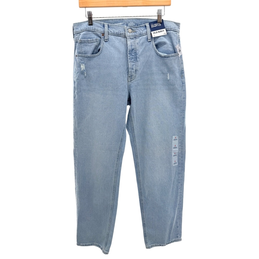Old Navy Mid-Rise Slouchy Straight Leg Jeans Light Wash Blue Distressed 8 NWT